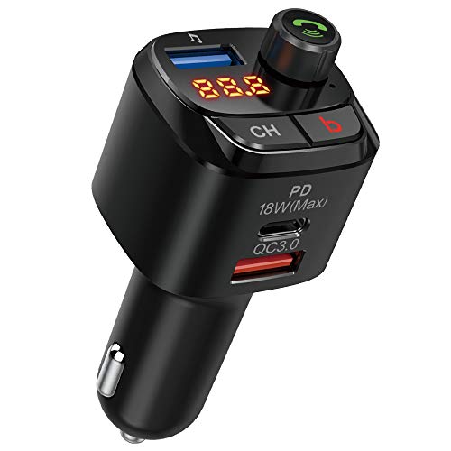 Nulaxy Bluetooth Coche Mechero, Transmisor FM Bluetooth para Coches : FM Mechero Bluetooth para Radio de Llamada Manos al Libre Kit de Coche, Cargador automático con 1 Puertos USB-A y USB-C PD
