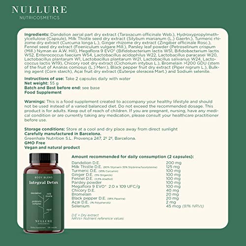 Nullure Body Detox Triple Acción - Fórmula Natural limpiar hígado y mejorar salud intestinal - Diente de León + Cardo Mariano + Cúrcuma y jengibre + Achicoria + Complejo probiótico + Hinojo