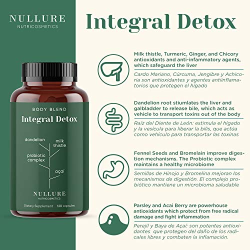 Nullure Body Detox Triple Acción - Fórmula Natural limpiar hígado y mejorar salud intestinal - Diente de León + Cardo Mariano + Cúrcuma y jengibre + Achicoria + Complejo probiótico + Hinojo