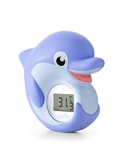 Nuvita 1006 Termometro Baño Bebe - Termometro Digital Habitacion y Agua con Alarma LED Rojo Caliente | Azul Frío - Juguetes Bañera Certificado EN71 - Marca Europea - Delfín Azul