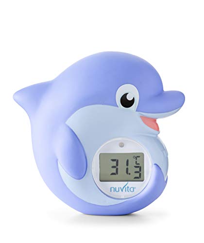 Nuvita 1006 Termometro Baño Bebe - Termometro Digital Habitacion y Agua con Alarma LED Rojo Caliente | Azul Frío - Juguetes Bañera Certificado EN71 - Marca Europea - Delfín Azul