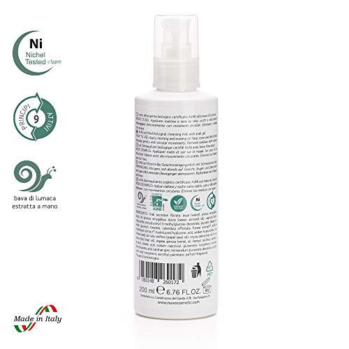 Nuvo' Baba de caracol Leche limpiadora facial Orgánico Certificado AIAB con ácido hialurónico Extracto de caléndula Vitamina E Made in Italy 200 ml