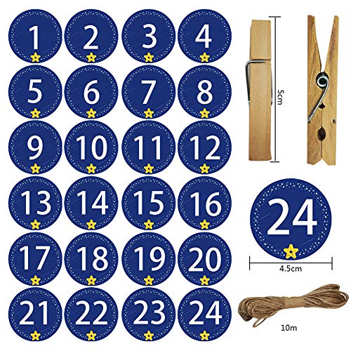 O-Kinee Calendario Adviento Navidad, 24 Bolsas Calendario de Yute con Adhesivos, DIY Bolsa para Regalo Navidad, Cuenta Atrás para Navidad Decoración de Casa de 24 días, Adornos (Azul)