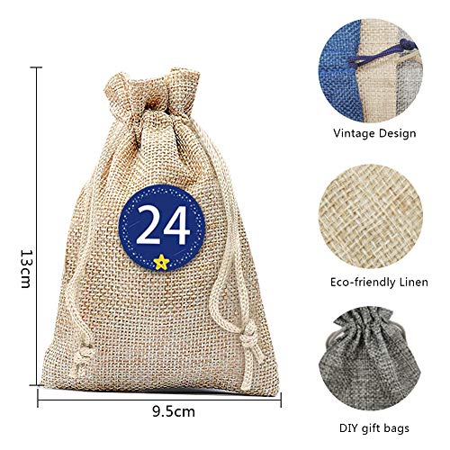 O-Kinee Calendario Adviento Navidad, 24 Bolsas Calendario de Yute con Adhesivos, DIY Bolsa para Regalo Navidad, Cuenta Atrás para Navidad Decoración de Casa de 24 días, Adornos (Azul)