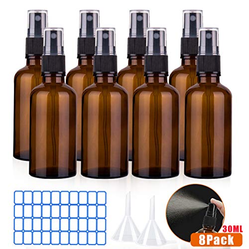 O-Kinee Spray de Vidrio ámbar 8 pcs Botella de Vidrio ámbar Vacía con Pulverizador Negro de Niebla Fina Vacía para Aromaterapia,Primeros Auxilios,Tamaño de Viaje,Líquidos Químicos (30ml)