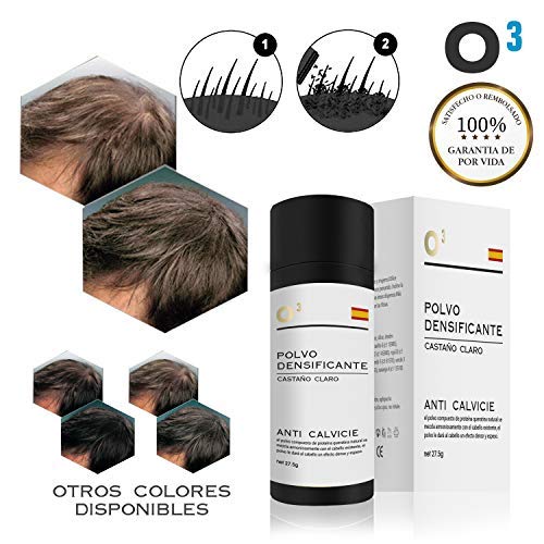 O³ Fibras Capilares Castaño Claro 27,5 G Neto - Keratin Fibers Castaño Claro 100% Natural Para Disimular Calvicie y Aumentar el Volumen | Maquillaje Capilar Para Hombres y Mujeres