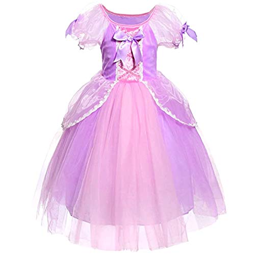 O.AMBW Vestido de Princesa para niña, Disfraz de Rapunzel, Lazo Morado Rosa, Vestido de Noche de Malla esponjosa, Fiesta de Carnaval de Halloween, Mascarada, Disfraz de Cosplay, Accesorios, Corona
