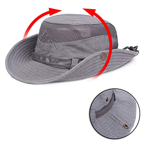 Obling Sombrero Sol algodón protección UV,Sombrero Verano,Sombrero Playa,Sombrero Safari Boonie,Sombrero Pesca Plegable con Malla Transpirable Correa Ajustable para Barbilla- Hombres Mujeres(Gris)