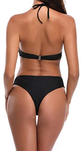 Ocean Plus Mujer Conjunto de Bikini de Encaje Floral con Cuello Halter Corte de Ropa de Playa Correa Delantera Traje de Baño - Negro - X-Large