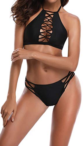 Ocean Plus Mujer Conjunto de Bikini de Encaje Floral con Cuello Halter Corte de Ropa de Playa Correa Delantera Traje de Baño - Negro - X-Large