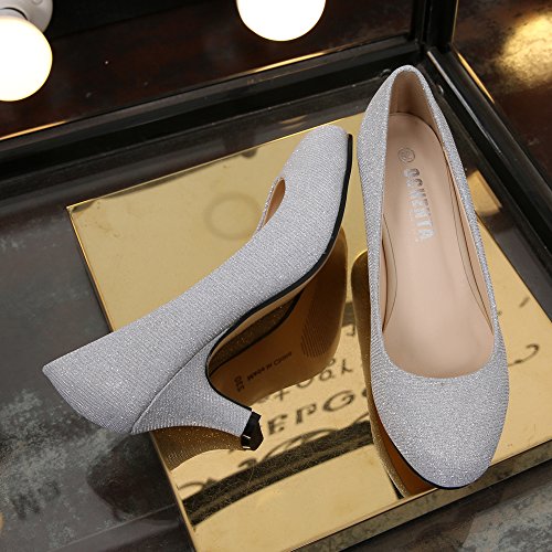 OCHENTA Mujer Cabeza Redonda Gatito talón Vestido Bombas de Trabajo Silver Glitter Tamaño Asiático 42-EU 40.5