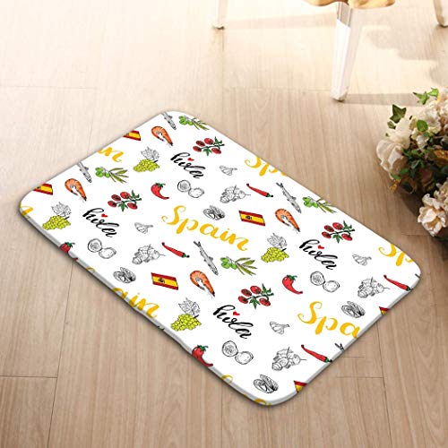 Odelia Palmer Tapete de Puerta Alfombrillas de baño (23.6 'x15.7', L x W) España Doodle Sketch Comida española Camarones Aceitunas UVA Bandera Letras ilustrar África Oscura