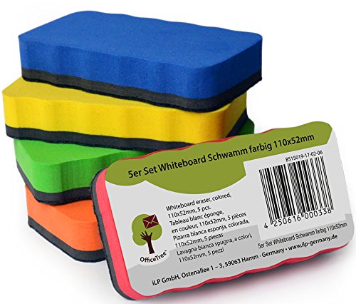 OfficeTree 5 Borrador Pizarra Blanca Magnetico - 5 Colores Borrador Magnetico Pizarra - Elimina Restos de Escrituras y Dibujos en Pizarra Blanca Papelógrafo