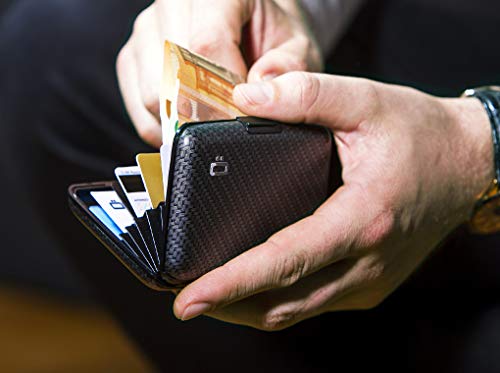 Ögon Smart Wallets - Stockholm Cartera Tarjetero - Protección RFID: Protege Tus Tarjetas de Robar - hasta 10 Tarjetas + Recetas + Notas - Aluminio anodizado (Efecto Carbono (Tejido Amplio))