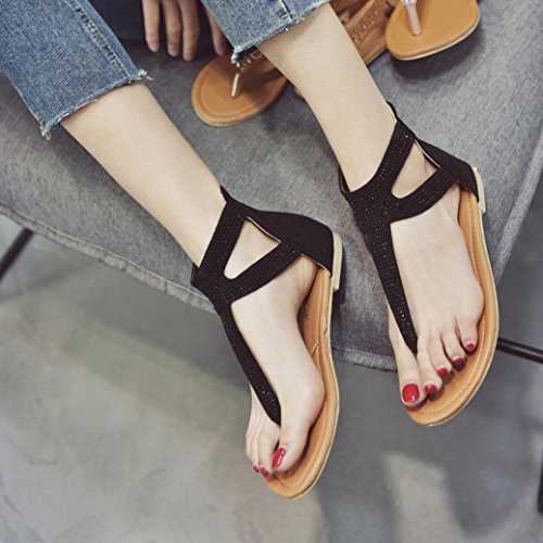 OHQ Sandalias para Mujeres Sandalias Planas con Cruz Romana En Punta De Mujer Mujeres Diamante Cremallera Baja Plana Chanclas Sandalias De Playa Bohemia Zapatos Cómodo Y Elegante (39, Negro)