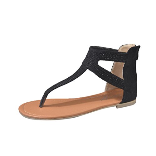 OHQ Sandalias para Mujeres Sandalias Planas con Cruz Romana En Punta De Mujer Mujeres Diamante Cremallera Baja Plana Chanclas Sandalias De Playa Bohemia Zapatos Cómodo Y Elegante (39, Negro)