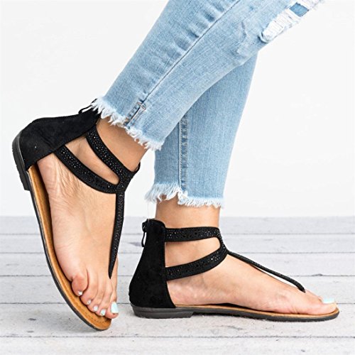 OHQ Sandalias para Mujeres Sandalias Planas con Cruz Romana En Punta De Mujer Mujeres Diamante Cremallera Baja Plana Chanclas Sandalias De Playa Bohemia Zapatos Cómodo Y Elegante (39, Negro)