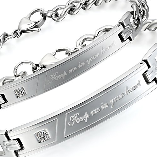 OIDEA 1 par (2pcs) Mujer Hombre Pulsera, Acero Inoxidable Keep Me in Your Heart Grabado Tanque Cadena Tanque de Pulsera partnerschats Brazalete de, Plata