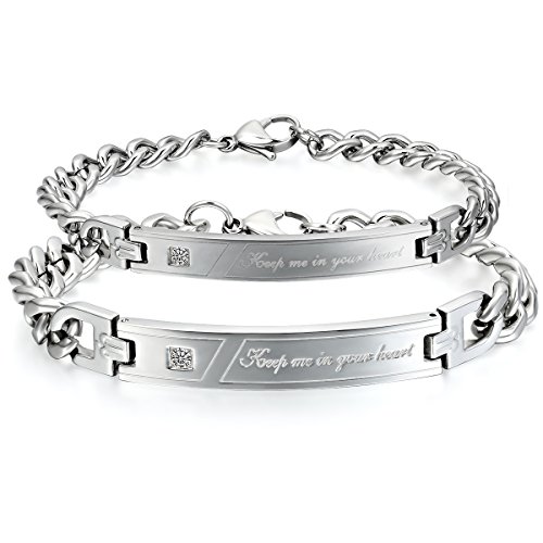 OIDEA 1 par (2pcs) Mujer Hombre Pulsera, Acero Inoxidable Keep Me in Your Heart Grabado Tanque Cadena Tanque de Pulsera partnerschats Brazalete de, Plata