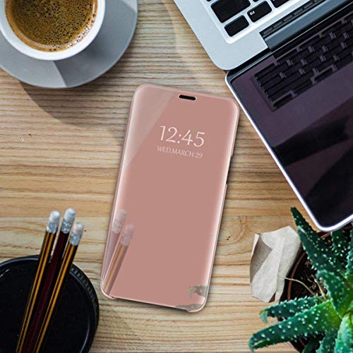 Oihxse Espejo Funda Compatible con Huawei P8 Lite 2017/P9 Lite 2017/Honor 8 Lite Carcasa Ultra Slim Mirror Flip Translúcido View Tipo Libro Tapa Standing 360°Protectora Cover (Oro Rosa)