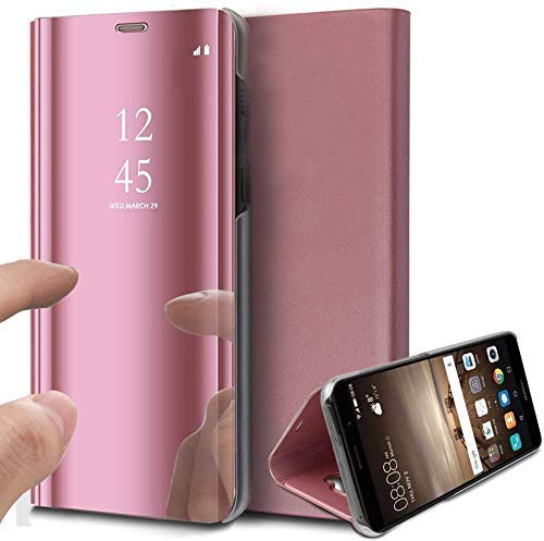 Oihxse Espejo Funda Compatible con Huawei P8 Lite 2017/P9 Lite 2017/Honor 8 Lite Carcasa Ultra Slim Mirror Flip Translúcido View Tipo Libro Tapa Standing 360°Protectora Cover (Oro Rosa)