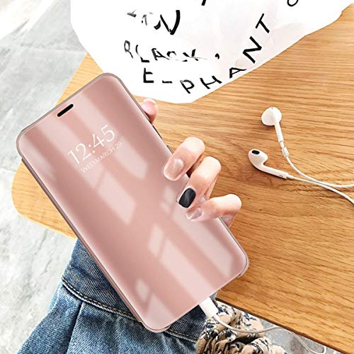 Oihxse Espejo Funda Compatible con Huawei P8 Lite 2017/P9 Lite 2017/Honor 8 Lite Carcasa Ultra Slim Mirror Flip Translúcido View Tipo Libro Tapa Standing 360°Protectora Cover (Oro Rosa)