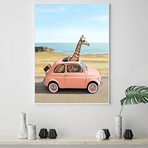 oioiu Cartel nórdico de Coche Rosa Paisaje Arte de Pared Natural Lienzo Pintura Cartel de Viaje e impresión Imagen de Sala de Estar sin Marco