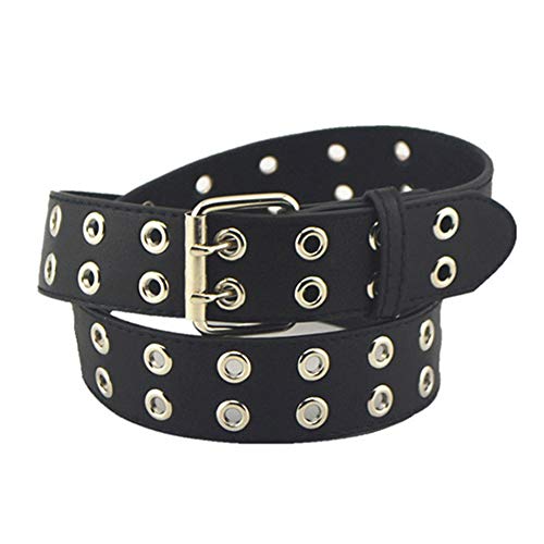 Ojal De Doble Ojal Pu Punky De Cuero De La Correa Unisex De La Correa De Cintura Hueco Remaches Cinturón De Doble Diente Hebilla Del Cinturón Para Mujeres De Los Hombres (negro)