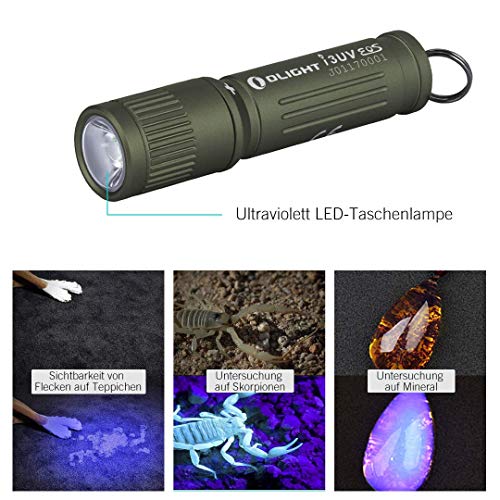 OLIGHT I3UV Linterna 395 nm luz negra llavero LED ultra violeta, detector de orina para manchas secas de sus perros, gatos y roedores en alfombras, muebles, resistente al agua