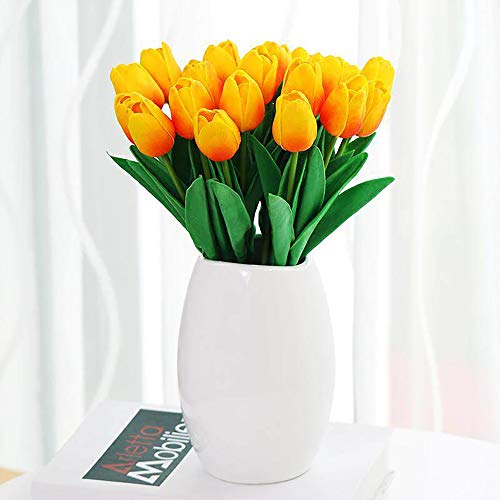 Olrla 30 Piezas de Flores Artificiales Tulipanes Tacto Verdadero, Falso Realista Orange Tulip, del Partido del jardín de la decoración Floral (Naranja)