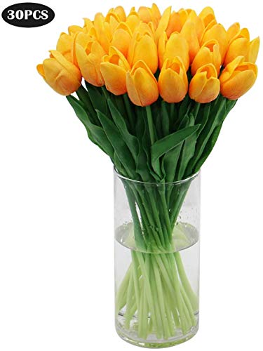 Olrla 30 Piezas de Flores Artificiales Tulipanes Tacto Verdadero, Falso Realista Orange Tulip, del Partido del jardín de la decoración Floral (Naranja)