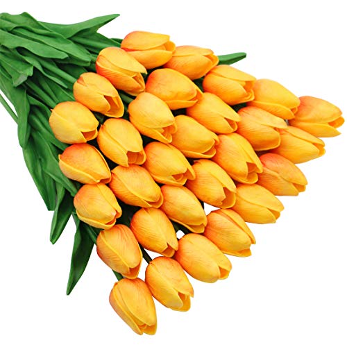Olrla 30 Piezas de Flores Artificiales Tulipanes Tacto Verdadero, Falso Realista Orange Tulip, del Partido del jardín de la decoración Floral (Naranja)
