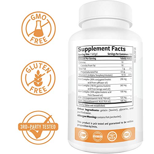 Omega 3 6 9 Triple Fish Oil 927mg Complex (120 Capsules) Fish Oil (EPA & DHA), Safflower Oil, Borage Oil, Flaxseed Oil- Burpless, Non-GMO, Soy-free