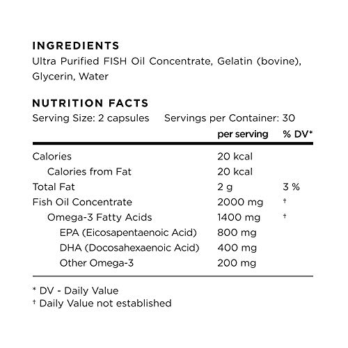 Omega 3 Aceite de Pescado 2000 mg - EPA 800 mg y Dha 400 mg Super concentrado - forma superior de Triglicérido - Ultra purifié - 60 Cápsulas - ensamblados por un Tiers para la pureza y la potencia