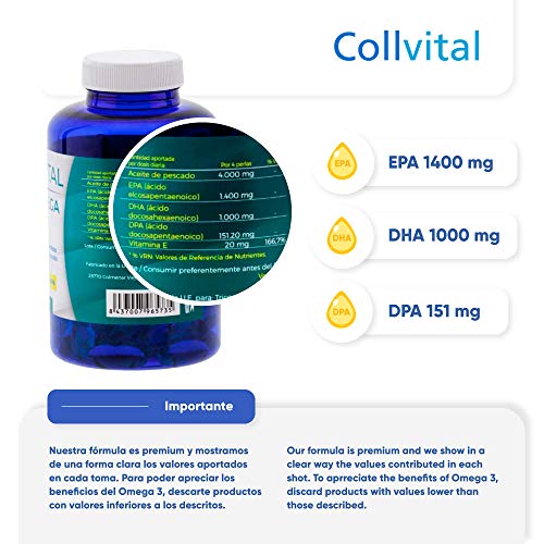 Omega 3 en cápsula Aceite de pescado de alta pureza y potencia 1400 mg EPA 1.000 mg DHA 151 mg DPA por toma. Formula de alta calidad
