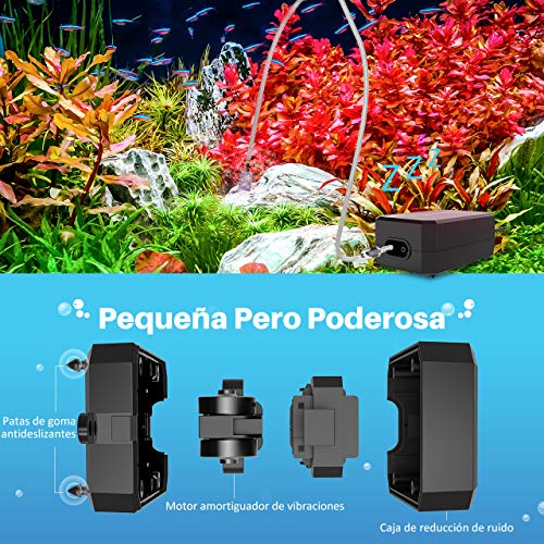 OMORC Bomba de Aire para Acuarios,10-60L, Bomba de Oxígeno para Agua Dulce / Salada ,Peceras,Estanques, Flujo Ajustable, Instalación Fácil, 2 Salidas de Aire, Flujo 2 en 1, 1000CC / MIN * 2 Negro