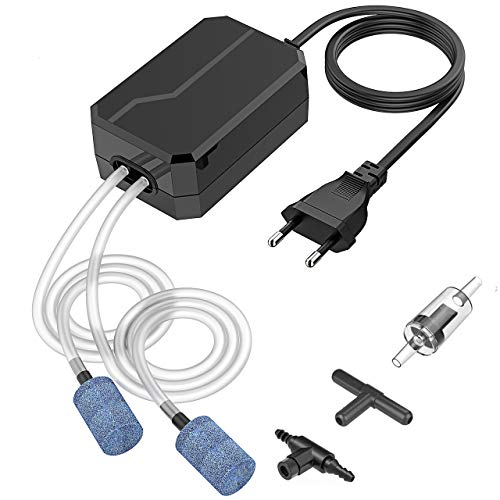 OMORC Bomba de Aire para Acuarios,10-60L, Bomba de Oxígeno para Agua Dulce / Salada ,Peceras,Estanques, Flujo Ajustable, Instalación Fácil, 2 Salidas de Aire, Flujo 2 en 1, 1000CC / MIN * 2 Negro