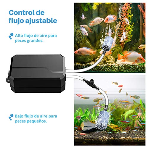 OMORC Bomba de Aire para Acuarios,10-60L, Bomba de Oxígeno para Agua Dulce / Salada ,Peceras,Estanques, Flujo Ajustable, Instalación Fácil, 2 Salidas de Aire, Flujo 2 en 1, 1000CC / MIN * 2 Negro