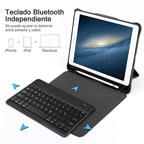 OMOTON Funda con Teclado para iPad 9.7 2018/iPad 9.7 2017(6Gen), Funda iPad con Teclado para iPad pro9.7/iPad Air 9.7, Funda con Teclado español de Bluetooth con Ranura Incorporado de lápiz, Negro.
