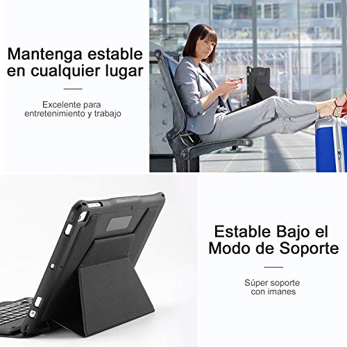 OMOTON Funda con Teclado para iPad 9.7 2018/iPad 9.7 2017(6Gen), Funda iPad con Teclado para iPad pro9.7/iPad Air 9.7, Funda con Teclado español de Bluetooth con Ranura Incorporado de lápiz, Negro.