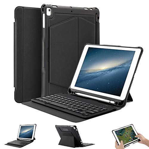 OMOTON Funda con Teclado para iPad 9.7 2018/iPad 9.7 2017(6Gen), Funda iPad con Teclado para iPad pro9.7/iPad Air 9.7, Funda con Teclado español de Bluetooth con Ranura Incorporado de lápiz, Negro.