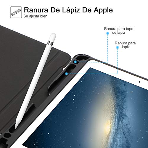 OMOTON Funda con Teclado para iPad 9.7 2018/iPad 9.7 2017(6Gen), Funda iPad con Teclado para iPad pro9.7/iPad Air 9.7, Funda con Teclado español de Bluetooth con Ranura Incorporado de lápiz, Negro.