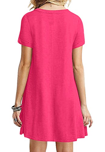 OMZIN Mujeres del Verano Tallas Grandes Vestidos de Verano Casual Algodón de Manga Corta, Manga Corta, Cuello en V y Camiseta Larga,Rosa Roja,M