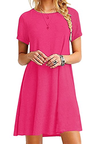 OMZIN Mujeres del Verano Tallas Grandes Vestidos de Verano Casual Algodón de Manga Corta, Manga Corta, Cuello en V y Camiseta Larga,Rosa Roja,M