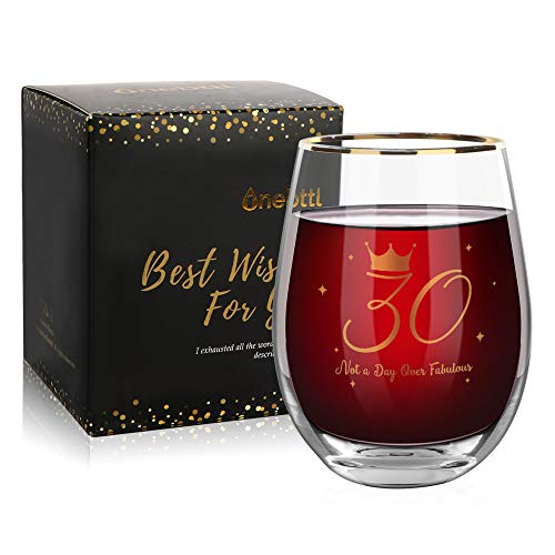 Onebttl 30 Cumpleaños Regalo para Mujeres - Ideas de Regalo Original 30 Años Cumpleaños para Ella con Tarjeta de Texto, Caja de Regalo - Copa de Vino de 17 oz (30 No es un día Fabuloso) - 500ml