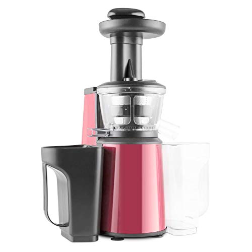 oneConcept Jimmie Andrews - extractor de zumo, juguera vertical, 400 Watt, de 60 a 80 rpm, mecanismo de presión patentado y desmontable, marcha hacia adelante y en reversa, rojo