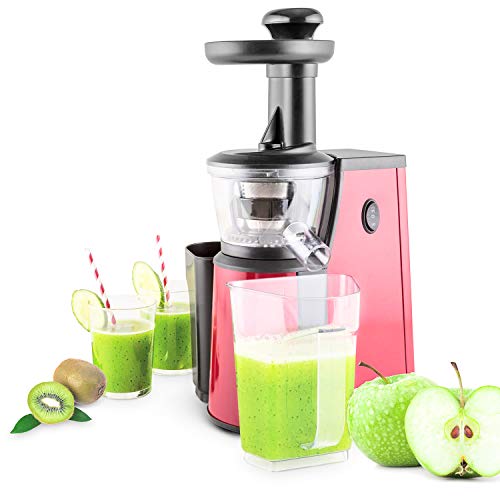 oneConcept Jimmie Andrews - extractor de zumo, juguera vertical, 400 Watt, de 60 a 80 rpm, mecanismo de presión patentado y desmontable, marcha hacia adelante y en reversa, rojo