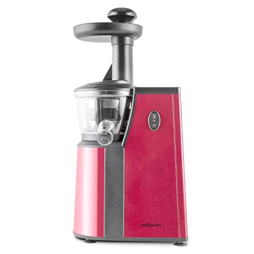 oneConcept Jimmie Andrews - extractor de zumo, juguera vertical, 400 Watt, de 60 a 80 rpm, mecanismo de presión patentado y desmontable, marcha hacia adelante y en reversa, rojo