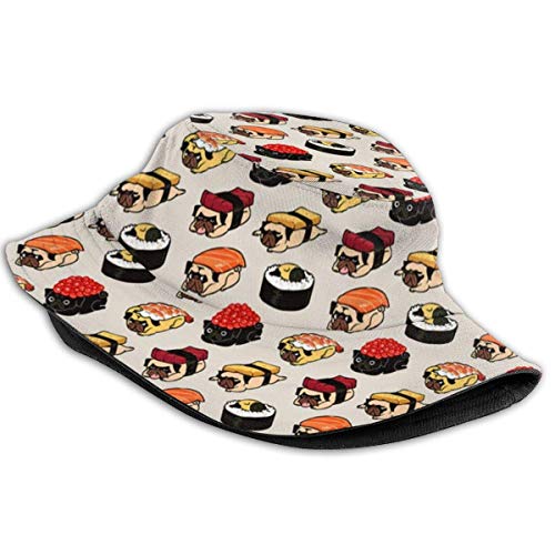 ONLED Sombrero de cubo plegable reversible Sushi Pugs impresión Sombrero pescador Cap Camping Pesca Safari para Hombres Mujeres Negro