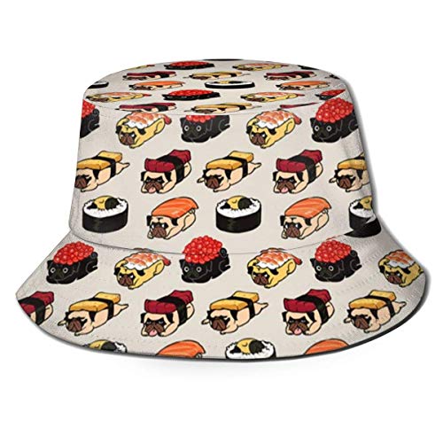 ONLED Sombrero de cubo plegable reversible Sushi Pugs impresión Sombrero pescador Cap Camping Pesca Safari para Hombres Mujeres Negro